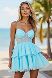 A Line Corset Blue Tiered Homecoming Dress