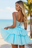 A Line Corset Blue Tiered Homecoming Dress