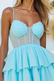 A Line Corset Blue Tiered Homecoming Dress