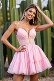 Pink A Line Appliqued Lace Up Back Homecoming Dress