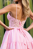 Pink A Line Appliqued Lace Up Back Homecoming Dress