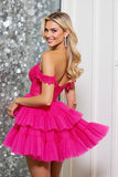 A Line Off The Shoulder Fuchsia Tiered Mini Homecoming Dress