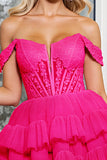 A Line Off The Shoulder Fuchsia Tiered Mini Homecoming Dress