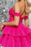 A Line Off The Shoulder Fuchsia Tiered Mini Homecoming Dress