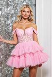 A Line Off The Shoulder Fuchsia Tiered Mini Homecoming Dress