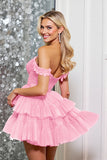 A Line Off The Shoulder Fuchsia Tiered Mini Homecoming Dress