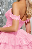A Line Off The Shoulder Fuchsia Tiered Mini Homecoming Dress