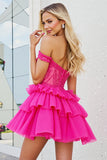 Off The Shoulder Beaded Corset Fuchsia Homecoming Dress
