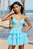Light Blue Corset Tiered Mini Homecoming Dress