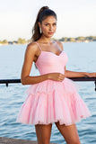 Pink A Line Tiered Spaghetti Straps Homecoming Dress