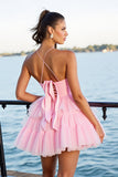 Pink A Line Tiered Spaghetti Straps Homecoming Dress