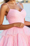 Pink A Line Tiered Spaghetti Straps Homecoming Dress