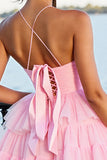 Pink A Line Tiered Spaghetti Straps Homecoming Dress