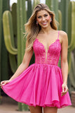 Fuchsia A Line Appliqued Mini Homecoming Dress