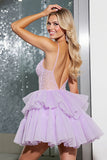 Lilac Organza Corset Tiered Short Homecoming Dress with Ruffles