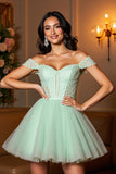 Light Green A Line Off The Shoulder Cocktail Dress With Appliques