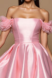 Pink Off The Shoulder Satin A Line Cocktail Dress
