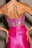 Sparkly Fuchsia Strapless Satin Bodycon Homecoming Dress With 3D Flowers