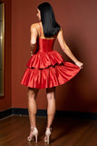 Red Spaghetti Straps Tiered Satin A Line Homecoming Dress