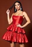 Red Spaghetti Straps Tiered Satin A Line Homecoming Dress