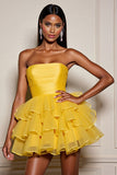 Yellow Strapless Satin Tiered A Line Homecoming Dress
