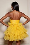 Yellow Strapless Satin Tiered A Line Homecoming Dress
