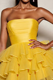 Yellow Strapless Satin Tiered A Line Homecoming Dress