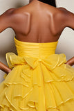 Yellow Strapless Satin Tiered A Line Homecoming Dress