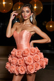Orange Strapless Satin A Line Homecoming Dress With 3D Flowers