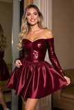 Burgundy Off The Shoulder Sequin A Line Homecoming Dress