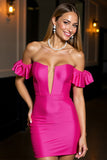 Off The Shoulder Fuchsia Satin Bodycon Short Homecoming Dress