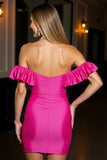 Off The Shoulder Fuchsia Satin Bodycon Short Homecoming Dress
