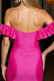 Off The Shoulder Fuchsia Satin Bodycon Short Homecoming Dress