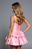 Pink Tiered Satin A Line Homecoming Dress With 3D Flowers