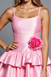 Pink Tiered Satin A Line Homecoming Dress With 3D Flowers