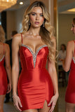 Red Spaghetti Straps Bodycon Satin Homecoming Dress With Beading