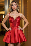 Red Spaghetti Straps Satin A Line Homecoming Dress With Beading
