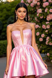Pink Strapless Satin A Line Short Homecoming Dress
