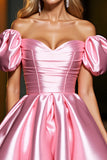 Pink A Line Satin Off the Shoulder Short Homecoming Dress with Ruffles