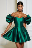 Dark Green Satin A Line Ruffled Off the Shoulder Short Homecoming Dress