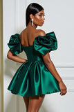 Dark Green Satin A Line Ruffled Off the Shoulder Short Homecoming Dress