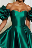 Dark Green Satin A Line Ruffled Off the Shoulder Short Homecoming Dress