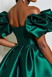 Dark Green Satin A Line Ruffled Off the Shoulder Short Homecoming Dress