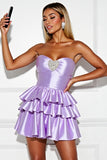 Lilac Satin A Line Tiered Short Homecoming Dress with Beading