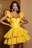 Yellow Tiered A Line Satin Short Homecoming Dress with Ruffles