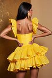 Yellow Tiered A Line Satin Short Homecoming Dress with Ruffles
