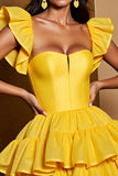 Yellow Tiered A Line Satin Short Homecoming Dress with Ruffles
