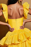 Yellow Tiered A Line Satin Short Homecoming Dress with Ruffles