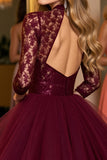 Burgundy Tulle Corset High Illusion Neck Short Homecoming Dress with Lace