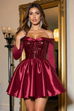Sparkly Burgundy Satin Corset Beaded A Line Short Homecoming Dress